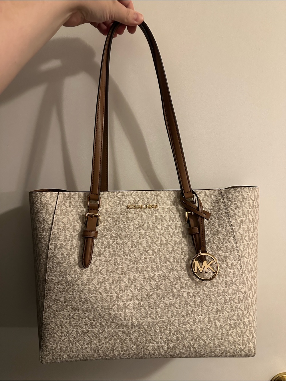 Michael Kors Monogram Logo Tote in Vanilla and Brown Trim